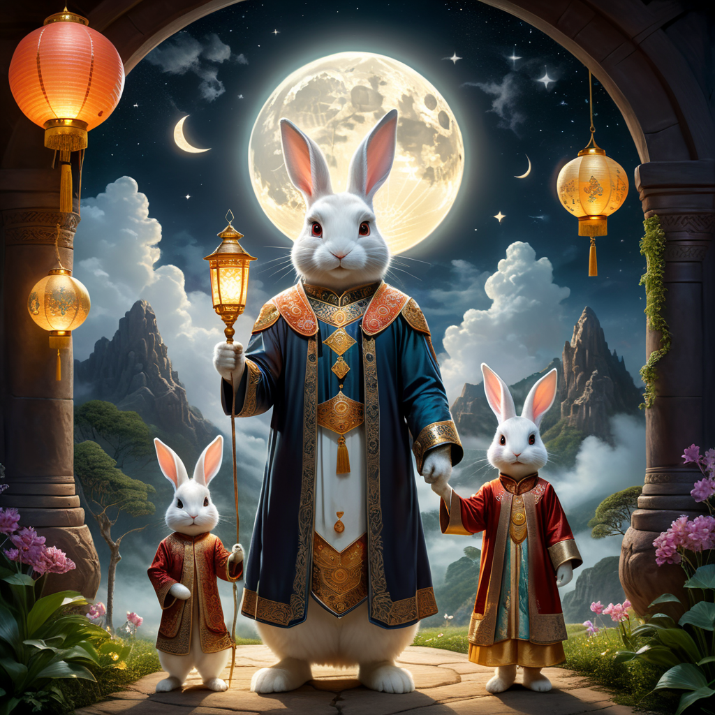 “Visualize a celestial family living in a magical realm, lit by the ever-present glow of a majestic moon. Picture a human mother, ethereal and radiant, standing beside her enchanted rabbit husband, both adorned in cosmic garments. They are the proud parents of their unique half-breed children, who combine human heads with biological rabbit ears and have bodies that are a harmonious blend of both parents. Set this magical family against the backdrop of an illuminating moon, surrounded by fantastical elements like floating lanterns, twinkling stars, and mystical flora. Capture the joy and love on the faces of each family member as they celebrate a special festival of their own. For visual cues: Human Mother: Elegant and radiant Rabbit Father: Standing upright, human-size clad in cosmic attire, holding a lantern imbued with moonlight. Children: A blend of their parents, featuring human-faces with biological rabbit-ears and rabbit-nose.