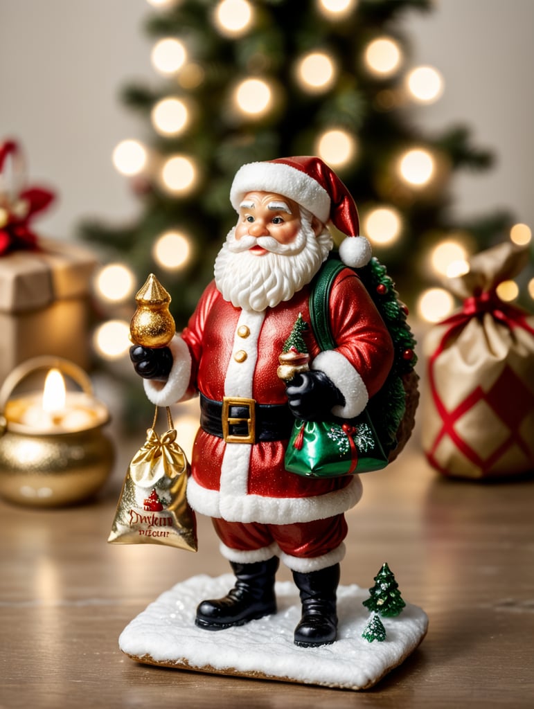 santa claus small glass glass figure, christmas toy for the christmas tree, bag of frozen food in right hand, codfish plate presentation in left hand.