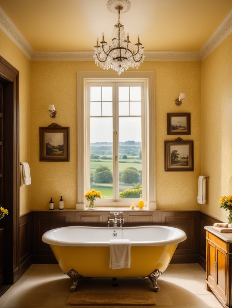 Bathtub in a bathroom of a romantic boutique hotel with yellow wallpaper overlooking the countryside
