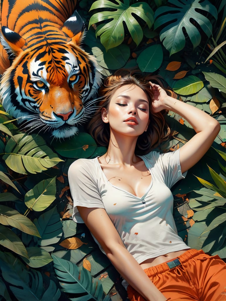 woman laying on lush jungle floor on her side with her eyes closed with leaves and a tiger, top down view