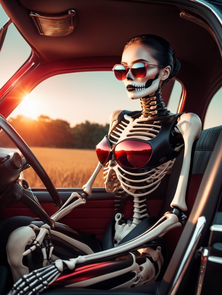 skeleton in sunglasses sitting in car in summer sunset stock photo, in the style of stylized realism, glamorous pin - ups, dark black and red, realistic color palette, sunrays shine upon it, machine aesthetics,futuristic