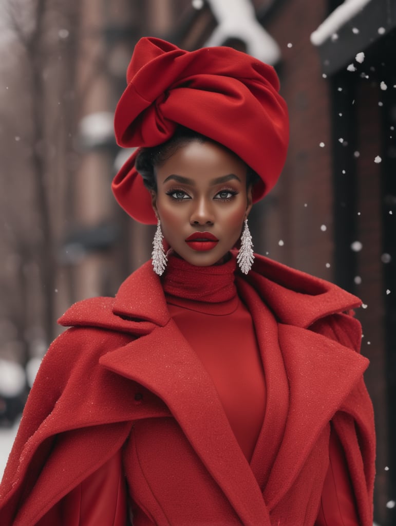 Dark skin model wearing a red designer outfit in the snow in New York.