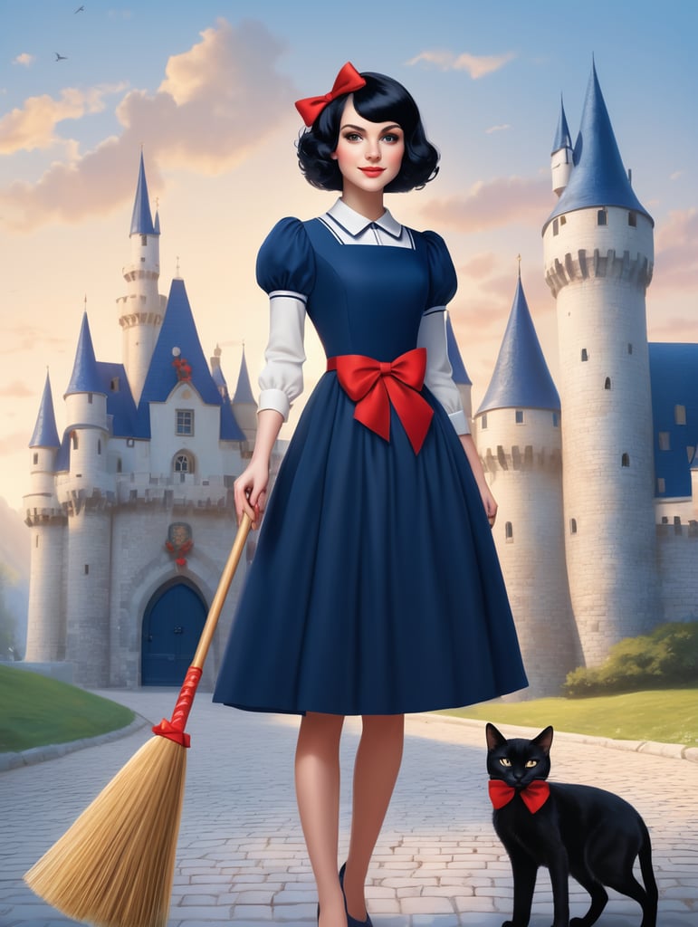 white very beautiful girl with short black hair wearing a red bow on her hair , wearing a very simple short dark blue dress.the girl is holding a big broom in front of a colorful castle along with her tiny black kitty