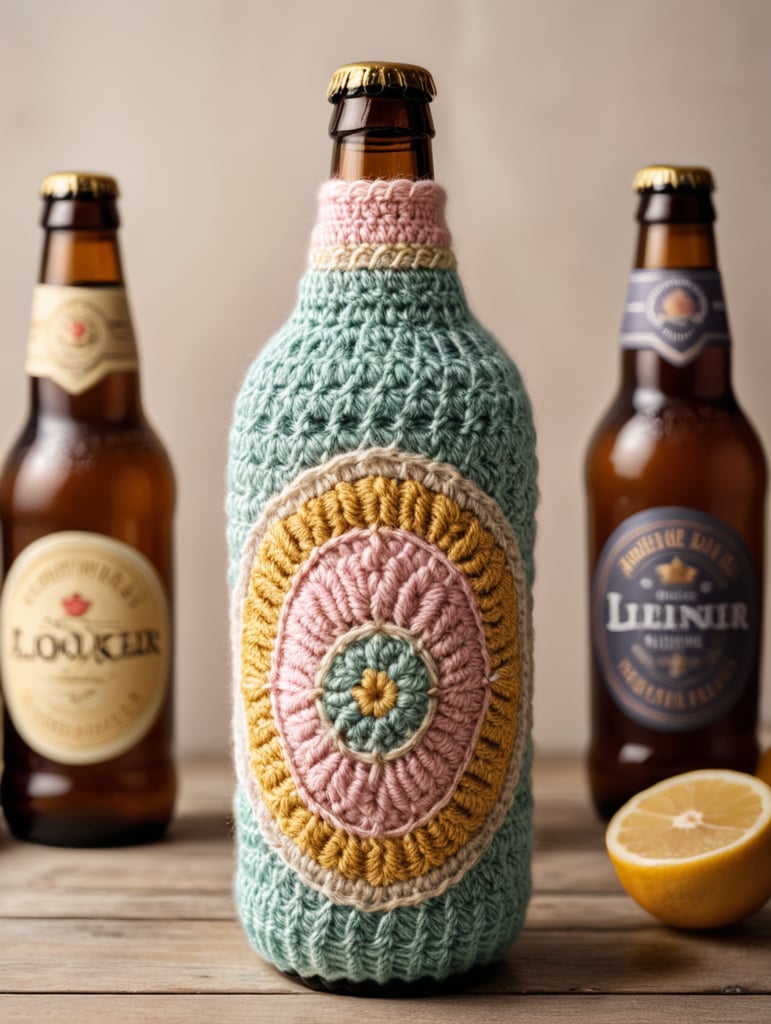 crochet beer bottle cute pastel colours, mockup, mock up