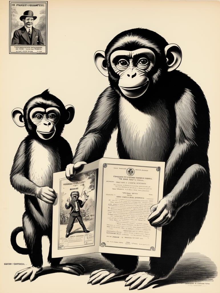 Illustration of a monkey puppets in the style of Donald Fraser Gould McGill and a Bamforth postcard