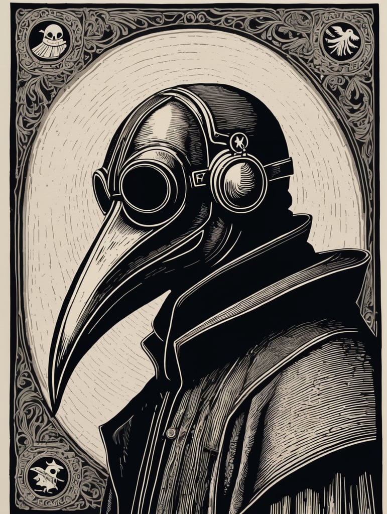 Woodcut, Plague doctor, black and white, bold lines