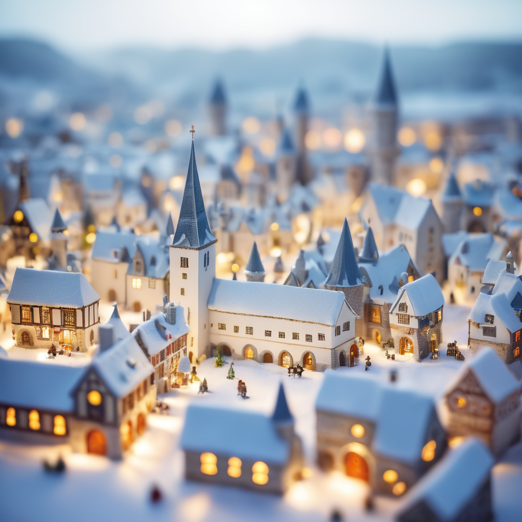 tilt shift photography of a Christmas medieval fantasy miniature city, depth of view, sunny, at night, snowy weather
