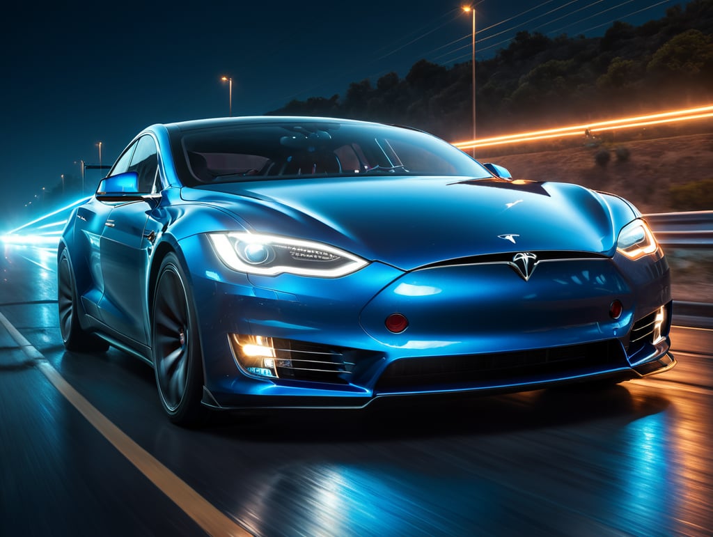 focusing on the front part of the car and the headlights, render a highly detailed, clean, tesla car speeding on highway from right to left with blue neon lights, blue headlights and light blue neon trails