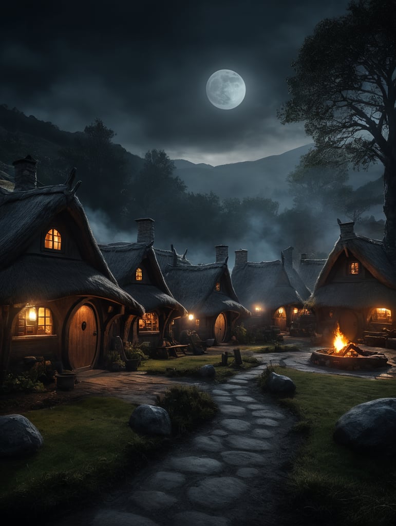 Magic hobbits village at night, bog moon, camp fire, smoke
