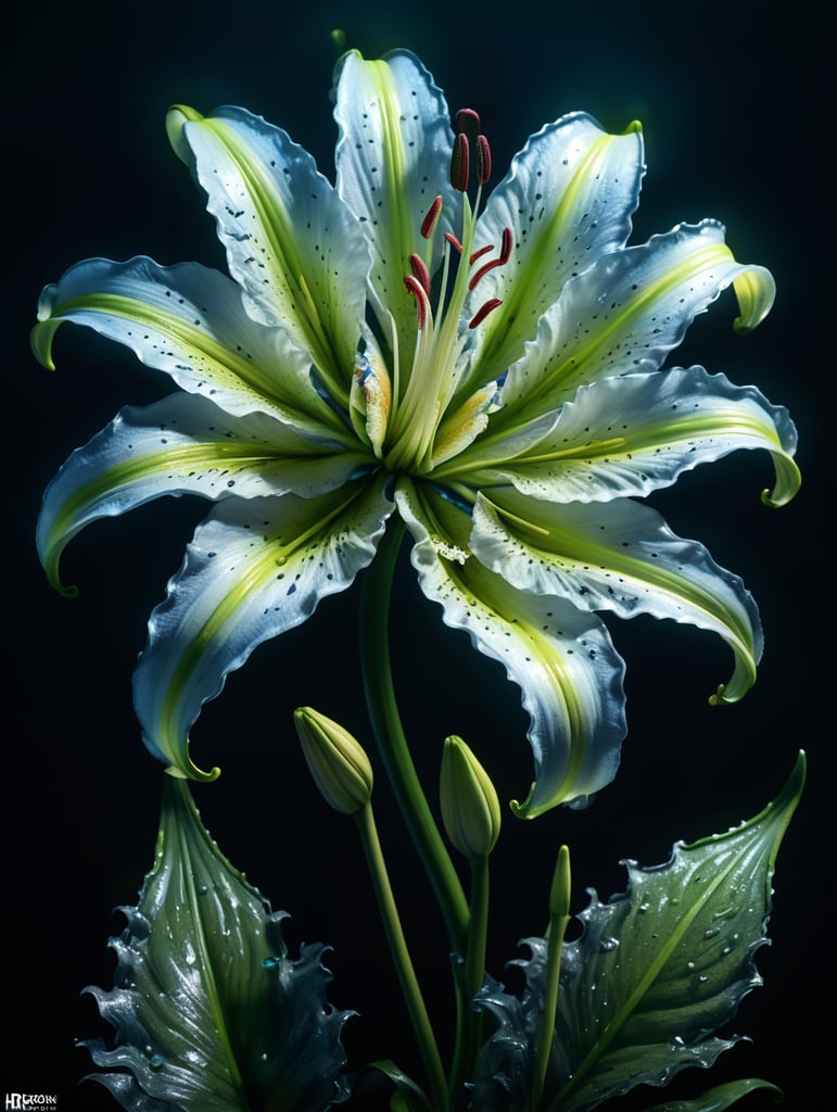 bioluminescent flower Lily, hyper detailed rendering, 4k, magic light, neon watercolours