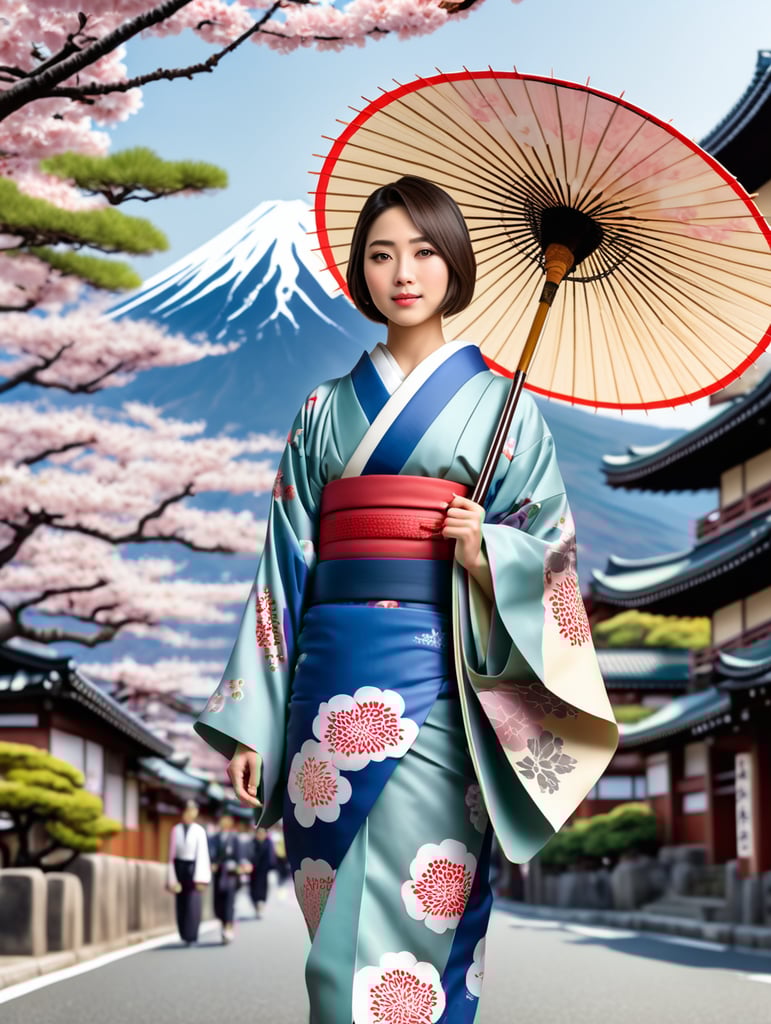 真實全身照片 4k畫質 一名日本女子 年齡大約20歲左右 圓圓臉孔短頭髮 水靈的眼睛 穿上一身和服 手持一把紙傘 穿上木屐 在東京街道上行走 背景有富士山同櫻花樹