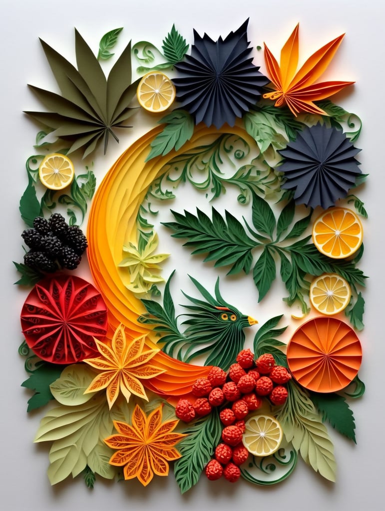 Cannabis leaf surrounded by exotic fruit, berries, and vegetables