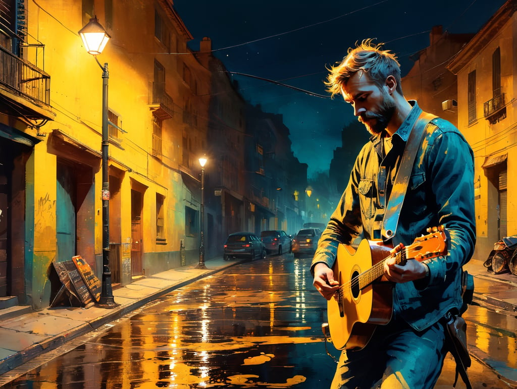 the guy plays the guitar on a dark empty street, yellow darkness, Van Gogh painting