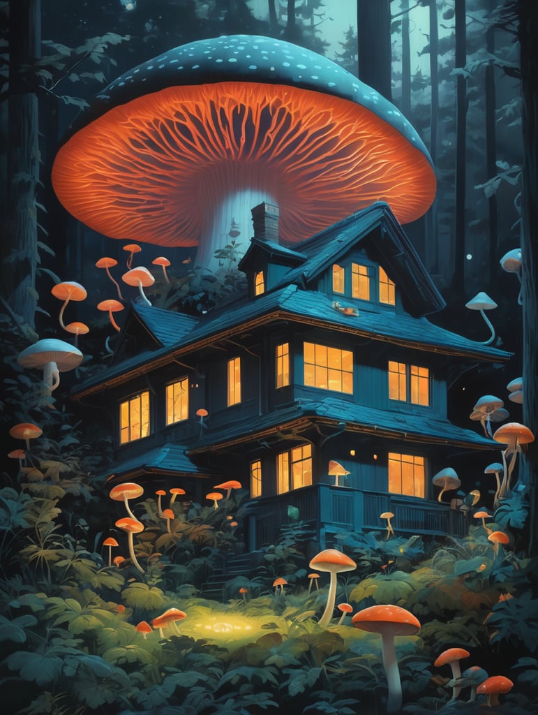 The house in the forest, dark night, leaves in the air, fluorescent mushrooms, animals, gibli, atey ghailan, lois van baarle, jesper ejsing, ernst haeckel, pop art patterns, exquisite lighting, clear focus, very coherent, very detailed, contrast, vibrant, digital painting