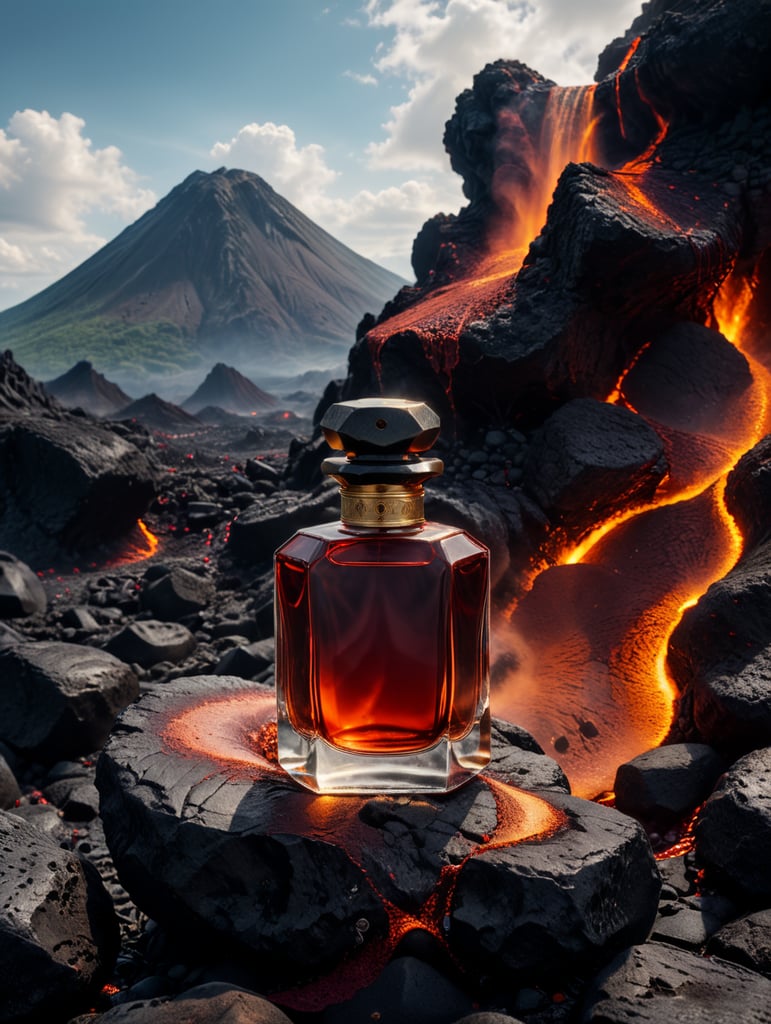 professional photography of a luxury perfume, on a volcanic lava, red satin scarf and lava on the background, no label, clear, mockup