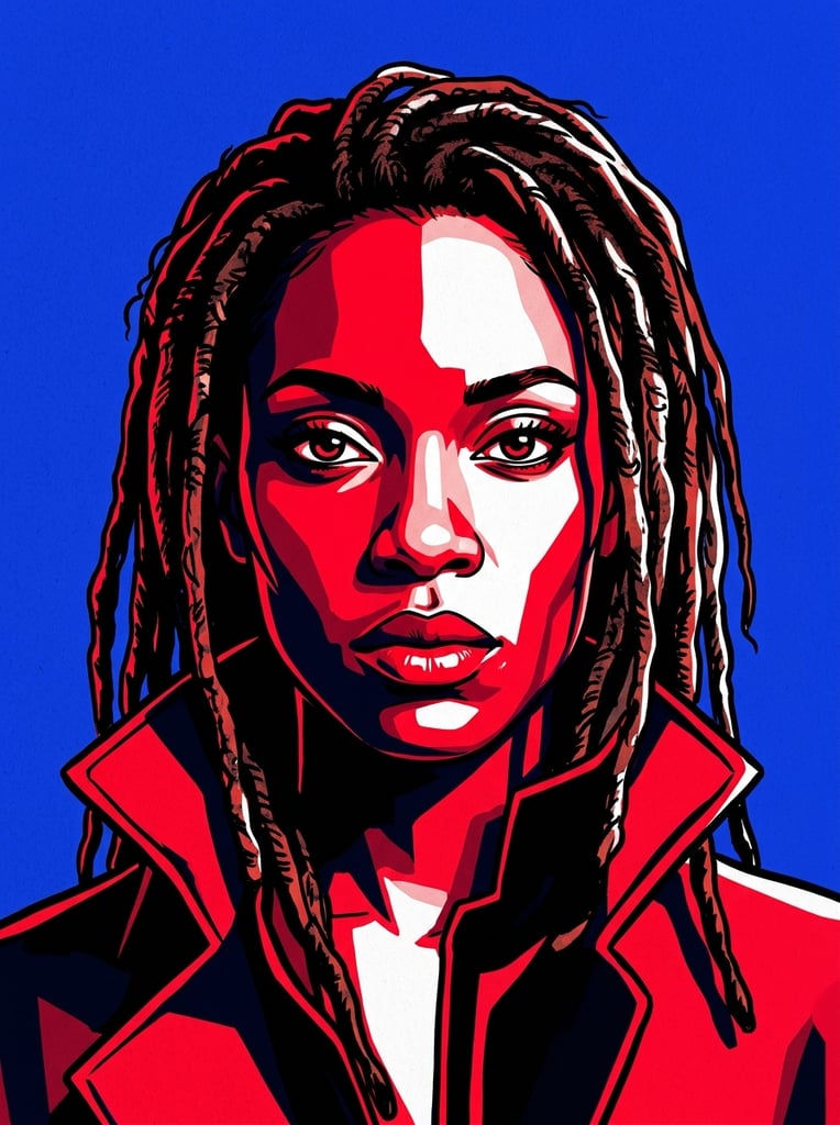 Pop-art digital portrait of a dreadlocked woman in a high-collared jacket. Her face is rendered with stark high-contrast flat color blocks of vibrant red, deep black, and white against a solid cobalt blue background with an intense forward gaze.