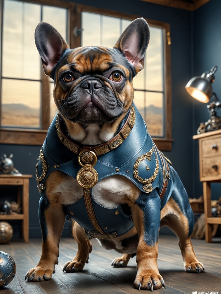 Blue and tan french bulldog with miscles looking cool standing in a plain studio