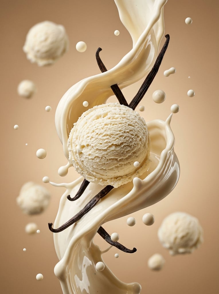 A textured spherical scoop of vanilla ice cream suspended mid-air, enveloped by twisting splashes of thick, glossy cream. Slender dark brown vanilla pods weave through the fluid ribbons alongside floating spherical droplets. Smaller out-of-focus scoops drift nearby. Soft studio lighting highlights the contrast between the porous frozen texture and the smooth liquid against a seamless warm beige gradient, capturing a high-speed macro photography style with a shallow depth of field.