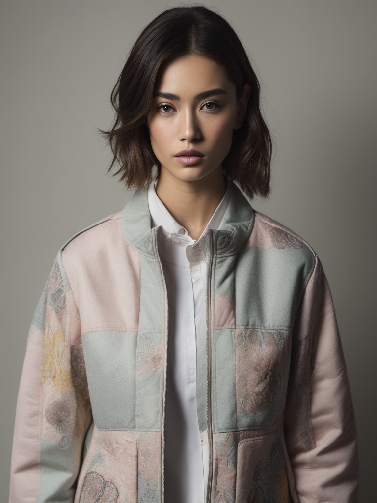 Women's patchwork jacket in pastel colors with contrasting lines in a modern bright style, floral patterns.