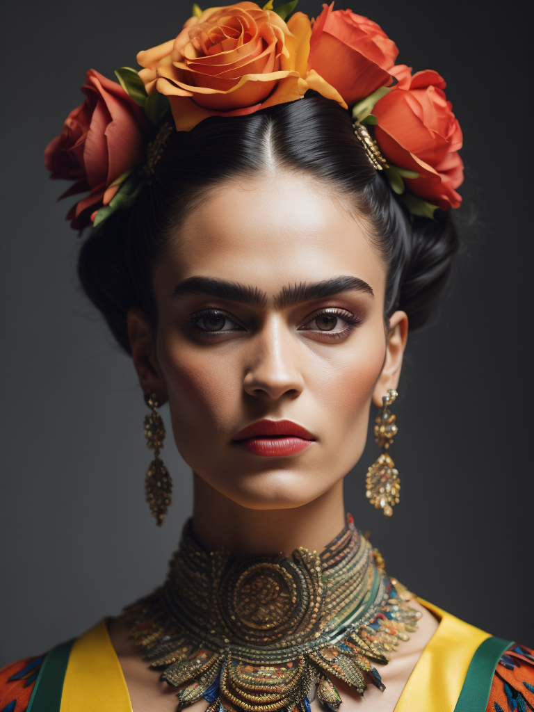 Portrait of Frida kahlo, bright and saturated colors, elegant, highly detailed, vogue, fashion magazine, sharp focus, Bright expressive makeup, Dramatic Lighting, Depth of field, Incredibly high detailed, blurred background