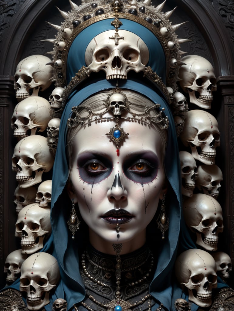 Virgin Mary with goth makeup and skulls