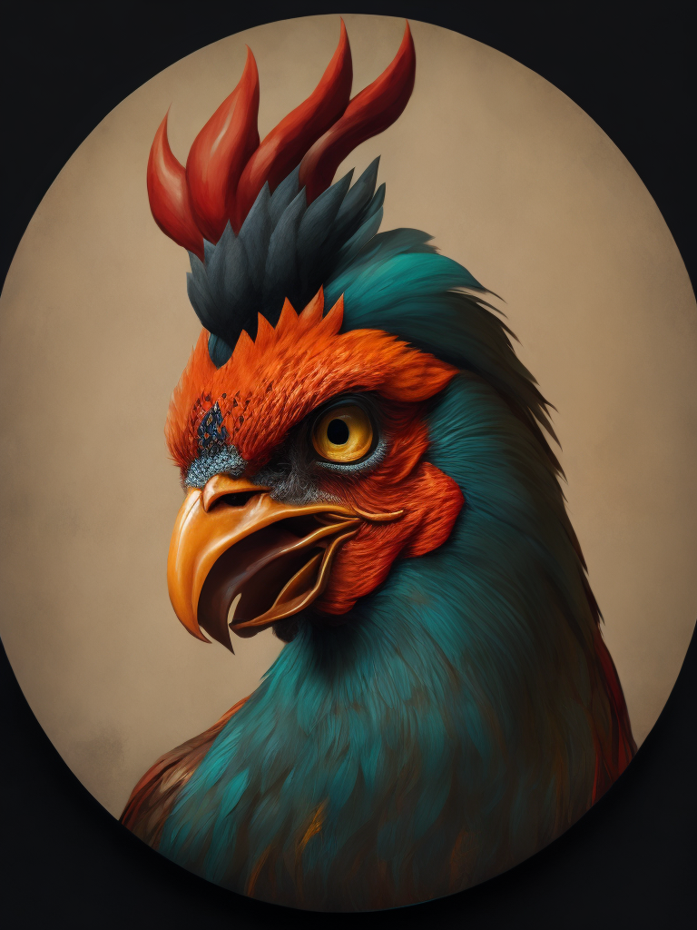 grumpy old rooster head with large eyes, contained in a circle