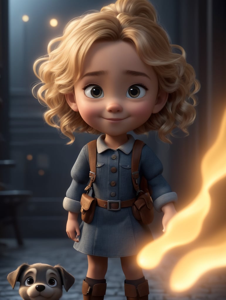 a young girl with dog, creative, and kind-hearted person with long, curly blonde hair, big eyes, small nose, and a smiling mouth, standing centered in 3D style, rendered using beautiful Disney animation, Pixar style, Disney style, 3D style