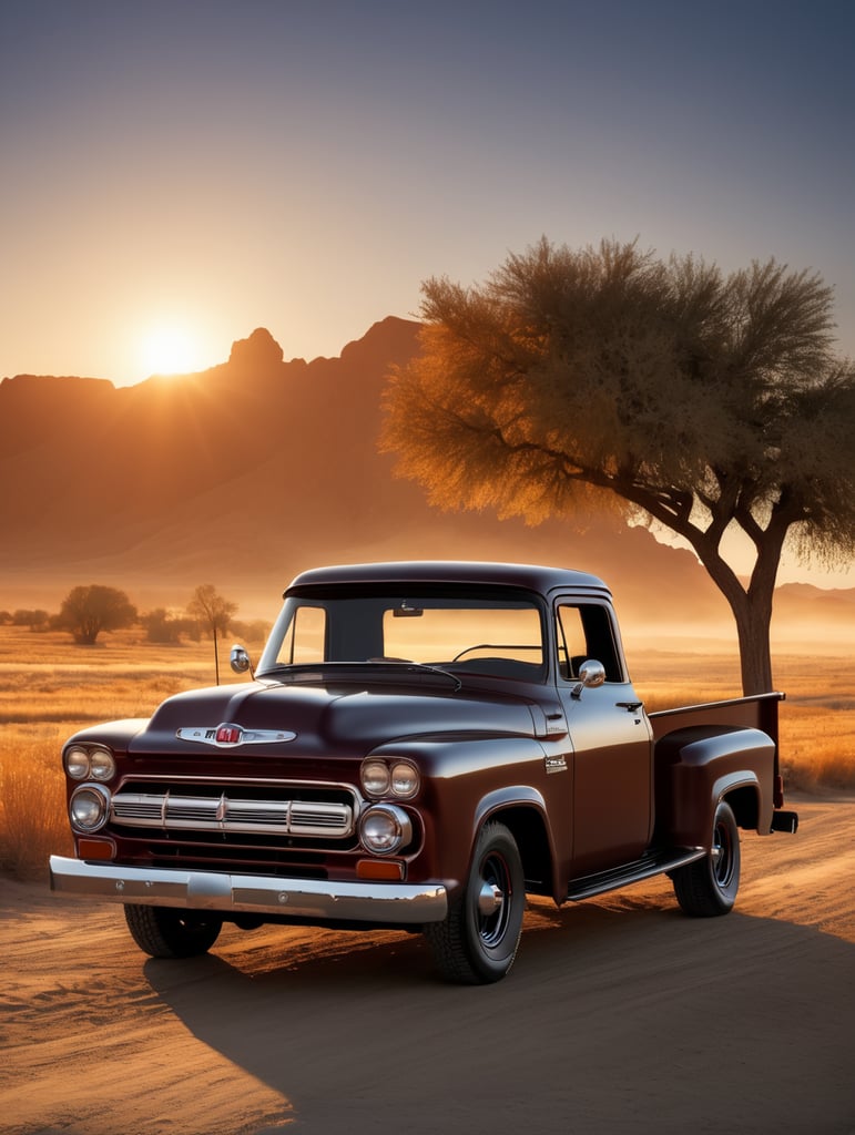 beautiful old pickup at sunset volumetric light, detailed, sharp focus, highly detailed,