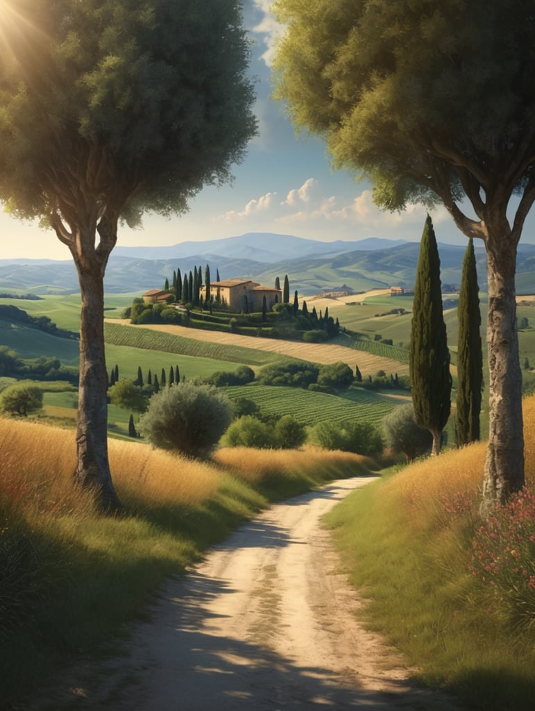 Italian landscape tuscany, photorealistic, serene, peaceful, majestic, high detail, landscape, ultra hd, matte painting, highly detailed, concept art, contrast light, deep colors