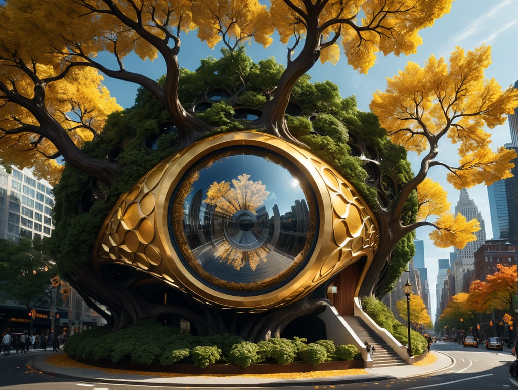 dream prompt: the craziest wide viewing angle and large view lens architectural modern style hyper realistic hyper detailed neocosmic exterior architecture design of a tree shape Fluid complex, gold geometric leaves spectrum, wood::1 white::3, Santiago Calatrava and Aaron Horkey architecture art styles, in new york city, soft ambient, night light, cinematic photo, natural lighting, camera nikon, 8k, --s1000 --style raw, you can imagine