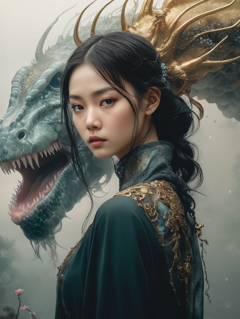 "In a mesmerizing 16K composition, a girl adorned with exquisite details stands before a water dragon in this AI-generated masterpiece. Realism meets cinematic allure with HDR enhancing contrast, vibrant colors, and a touch of muted tones for a soothing ambiance. Cinematic and ambient lighting cast warm tones, intensified by bright and intense elements for a captivating effect. This ultra-realistic illustration, influenced by the artistry of Android Jones, Januz Miralles, and the unique style of Hikari Shimoda, features a ghostly jellyfish radiating a shiny aura. Gold filigree and intricate motifs, inspired by the craftsmanship of Yoshitaka Amano, W. Zelmer, and otherworldly landscapes by Yoji Shinkawa:2.0, add depth. The composition skillfully blends elements from necronomicon art, botanical art, Egon Schiele, and Luis Royo, resulting in a masterful play of shadows, hyper details, and hyperrealistic qualities. An anime-inspired character with a hypnotic gaze, black baccara:2.0 mosaic glass scales, and an e