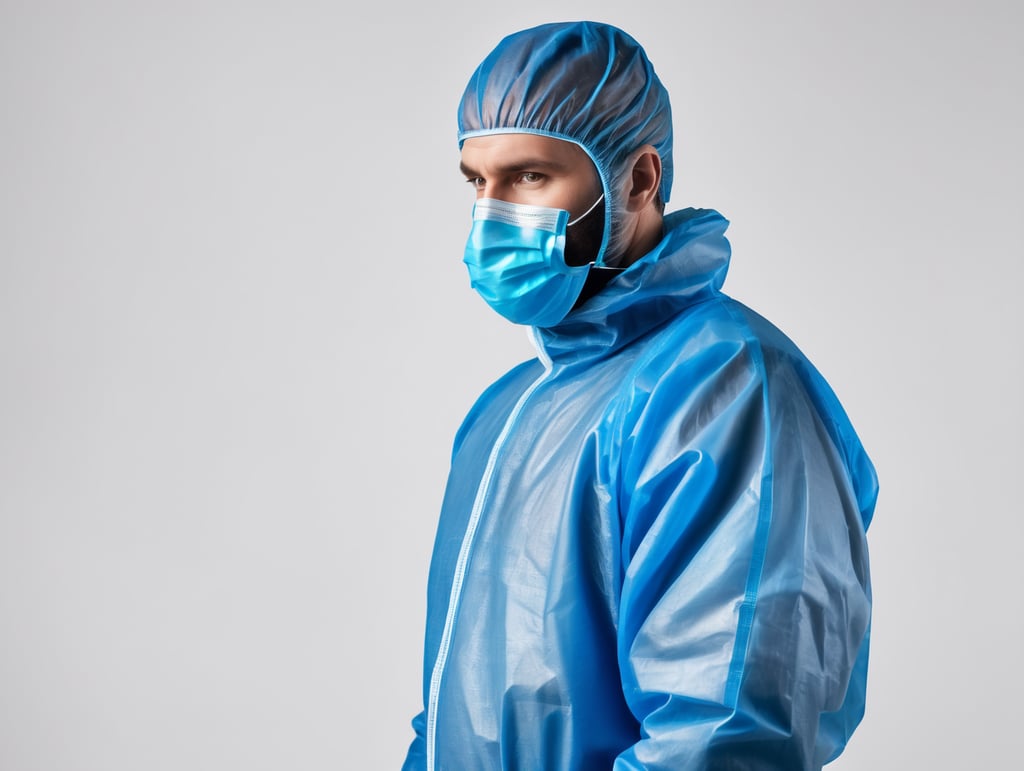 A realistic photo of a man wearing blue medical protective suit, disposable coveralls with breathable fabric, isolated, white background