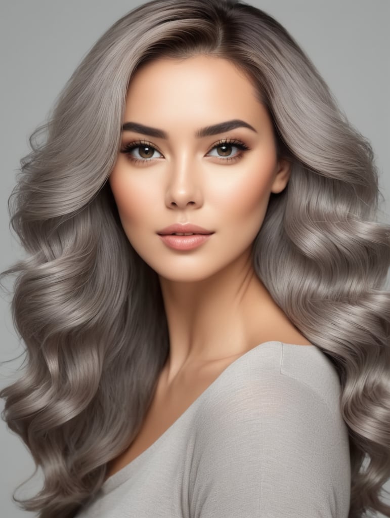 Create an image of beautiful woman with attractive thick hair light gray background