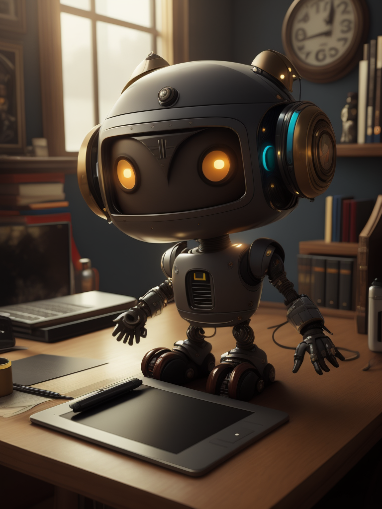 Electronic robot and office, unreal engine, cozy interior lighting, artstation, detailed, digital painting, cinematic, character design by Mark Ryden and Pixar, hyperrealistic, holding a graphics tablet