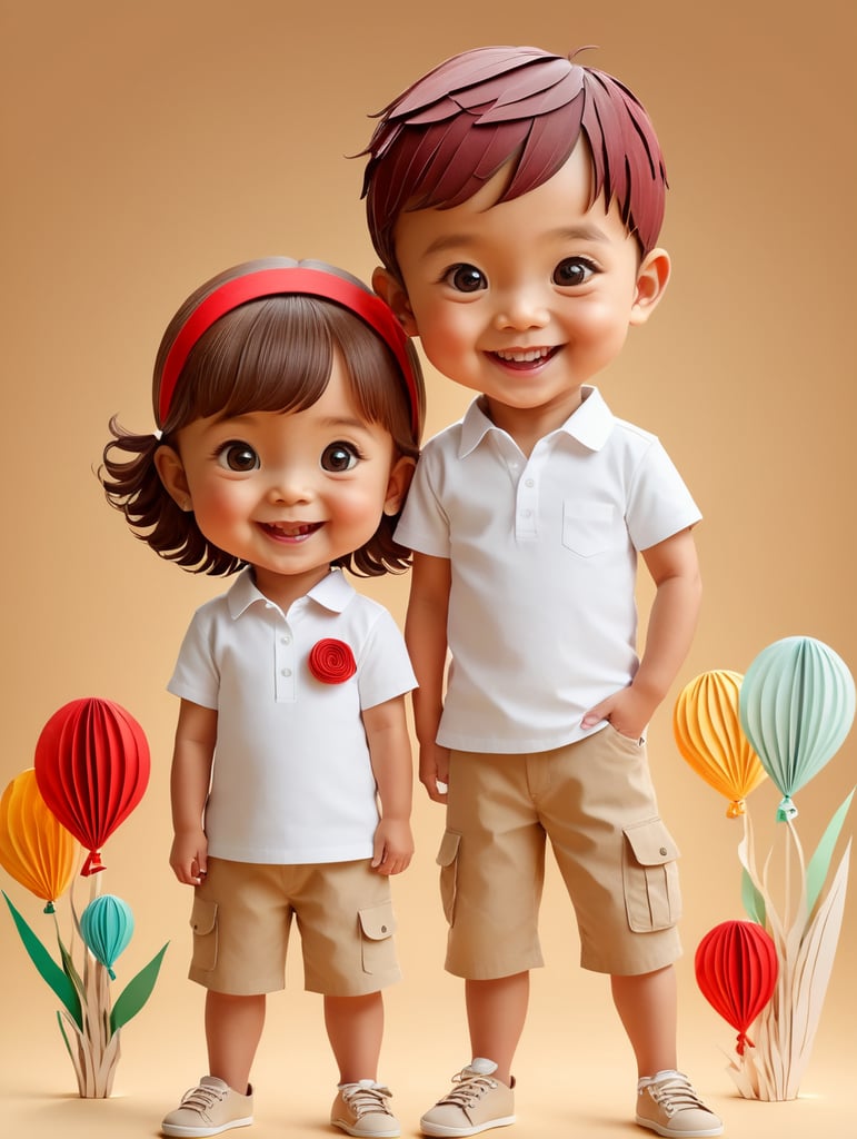 style vector , a Little boy and girl wearing white t-shirts,red scarf around the neck, standing in front of ping background, blank shirts no print, 3 years old smiling toddlers, photo for apparel mock-up