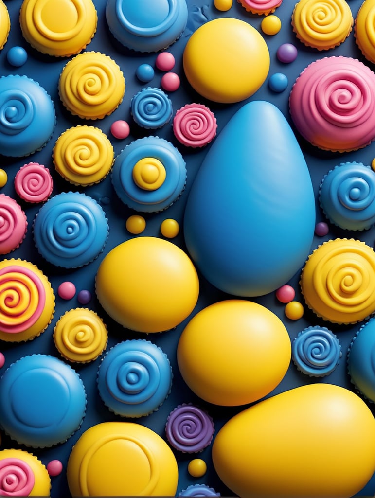 Generate abstract shapes inspired by piping tips, candy textures, and confectionery elements for the construction of a bakery's brand. Incorporate the vibrant palette of strong yellow and mid-tone blue. Avoid direct replication of existing words or elements in this prompt.