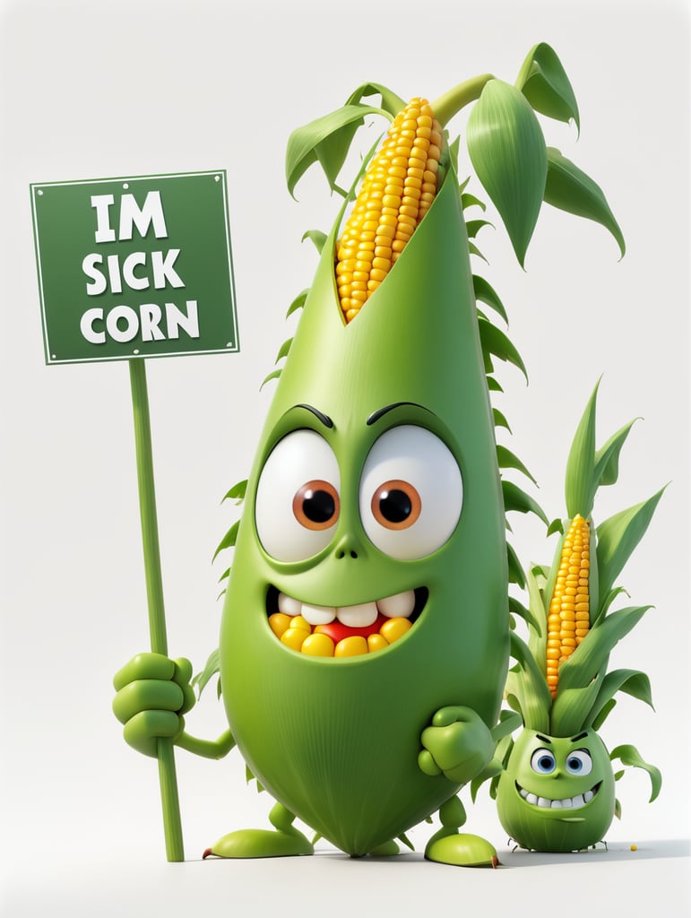 a realistic angry Genetically modified corn holding a sign "I'm sick!", WHITE background