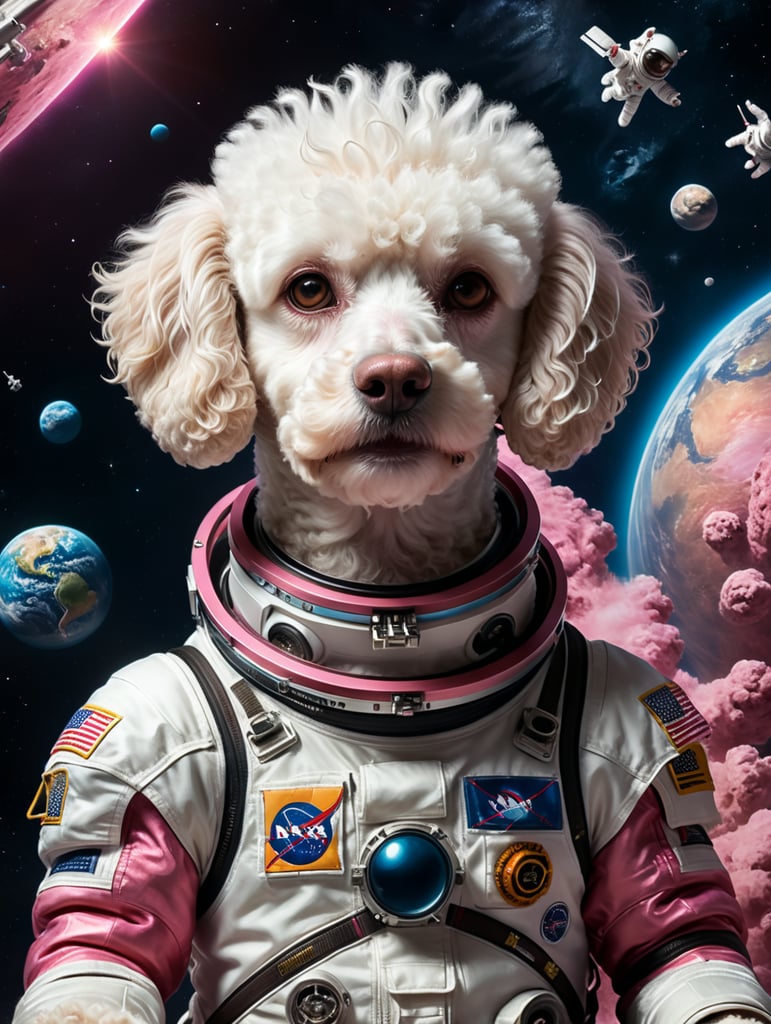 white poodle, space suit, earth orbit, funny dog, cheerful poodle pet in space, dog in pink space suit, poodle in orbit space adventure playful poodle, 1280x720 pixel scale