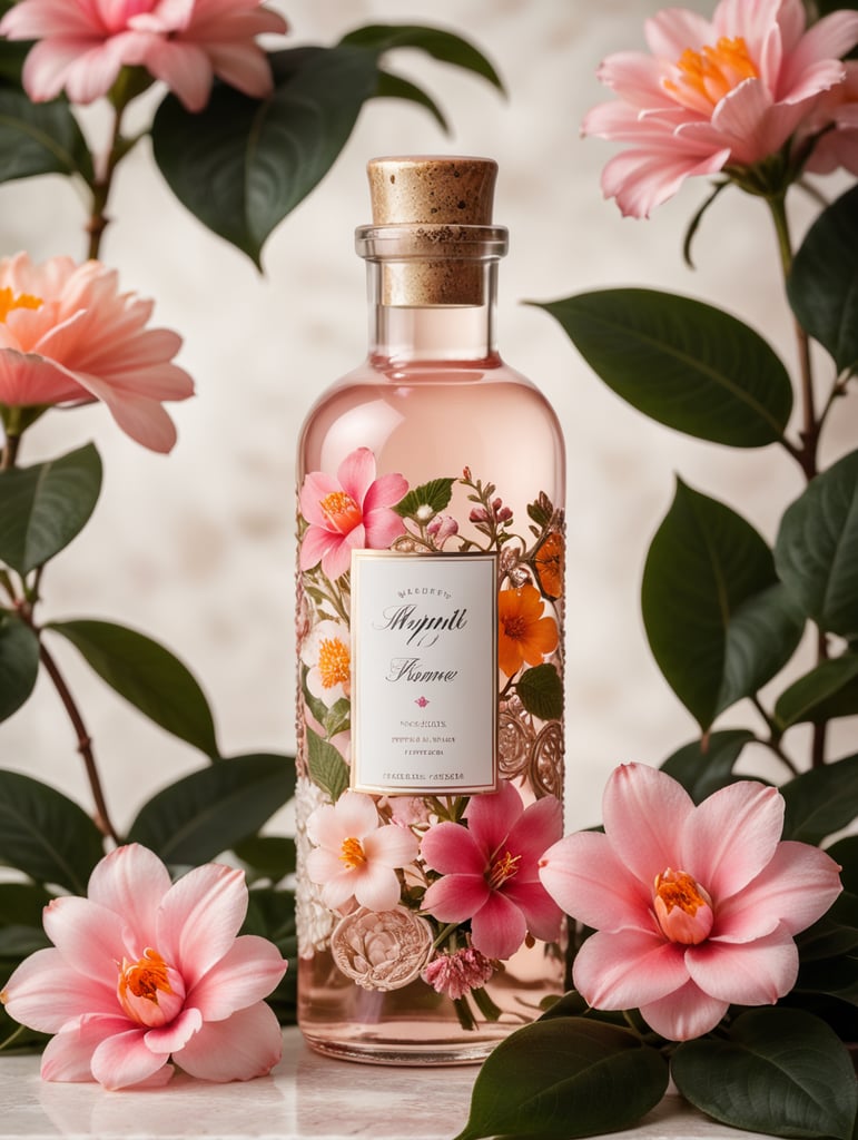 Minima perfome bottle, blanc label, snake, floral background, pink and oranhe flowers