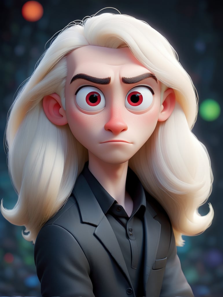 Young pale man, albino, very long blonde straight hair, red eye