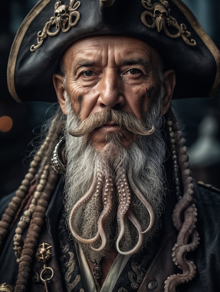 old pirate with octopus beard, dark scene, dark atmosphere, epic shot, sharp on details