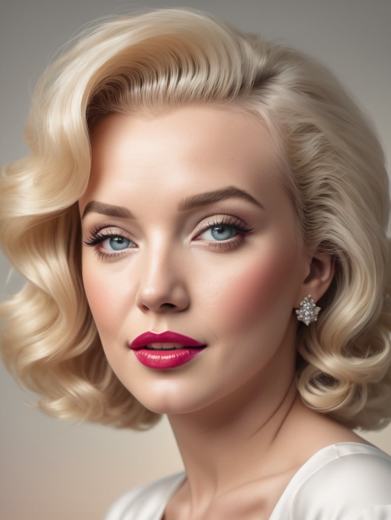 Portrait of Marilyn Monroe, ultra realistic, blonde hair, white dress, bright makeup, gradient background,