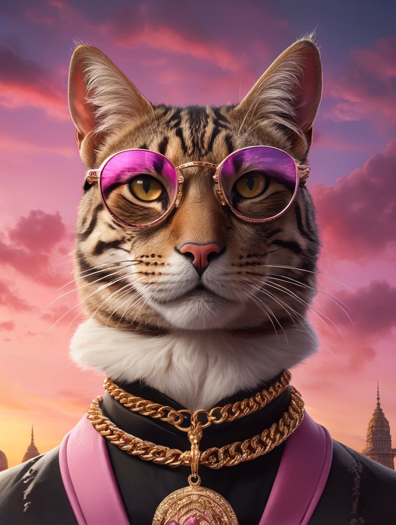 cat with glasses and gold chain in front of a pink sky