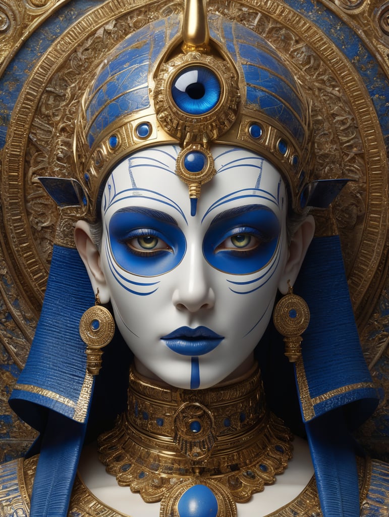 mythology goddess creature with Tutankhamen mask made of azulejo’s white and blue, gothic, gold, Neoclassical, elegant, beauty, antique classical, masterpiece, Canon50, Beautiful Lighting, Sad, highly detailed, detailed facial features, unreal engine, very detailed eyes, symmetrical eyes, mythology