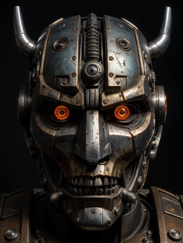 Horror-themed transformer head, a 2000 year ((old metal bone)),highly detailed,sharp, shiny details, detail face, front view, realistic image, studio lighting, unsettling, dark, spooky, suspenseful, scary, highly detailed, lockdown transformer, detailed eyes, black steel details, angry face