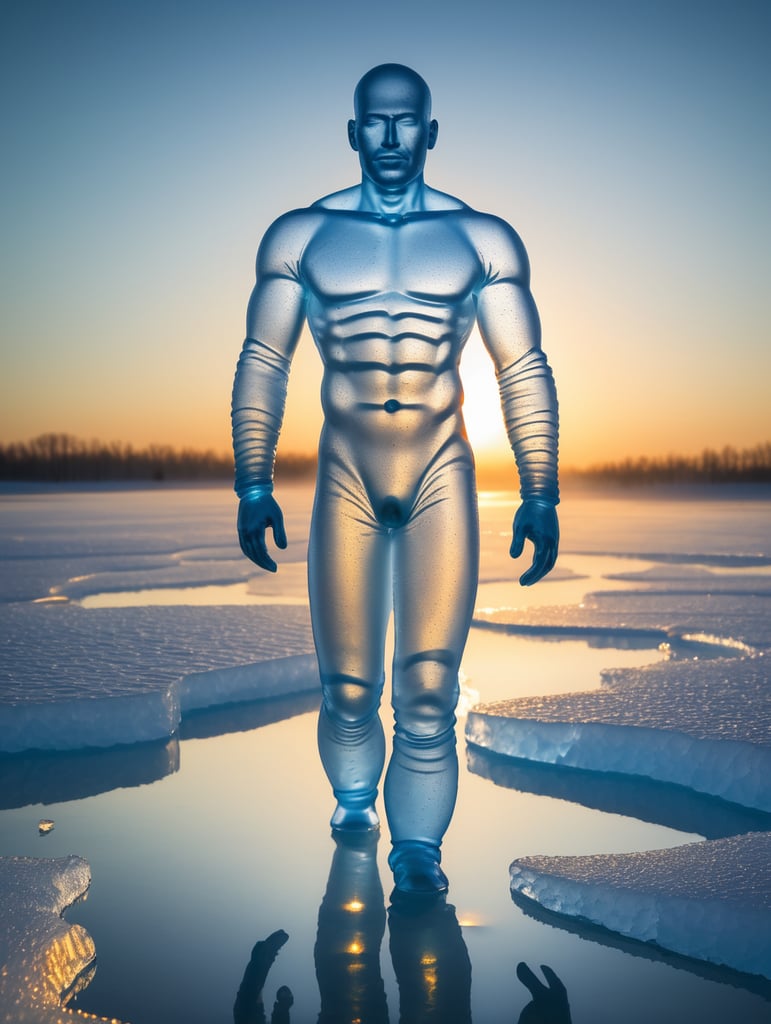 Translucent man made from the ice, walking on the surface of the sun