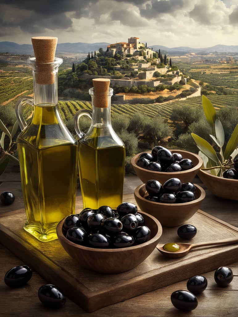 olive oil scene. black olives without holes drizzled with oil and transparent bottles filled with olive oil. The olives should have the right texture, with a backdrop of an olive field with an ancient castle on the horizon.
