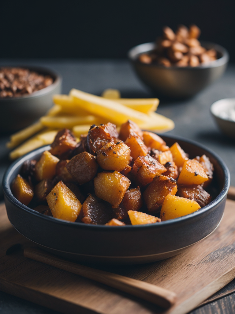 fried potatoes with juicy fried meat on a wooden background