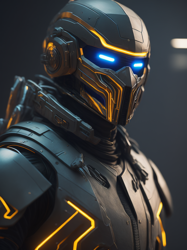 Ultra-detailed soldier from counter strike game in a base, with anthropomorphic cybernetic skeleton elements on metal armor, neon lights reflections, reflection mapping, intricate design and details, dramatic lighting, hyperrealism, photorealistic, cinematic, 8k --ar 9:16 --v 5