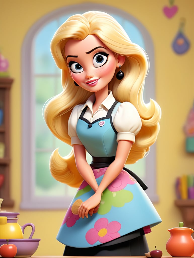 Drawing of an adult Barbie with a primary school teacher's apron, oval face with a thick body, white skin, straight black hair, black eyes